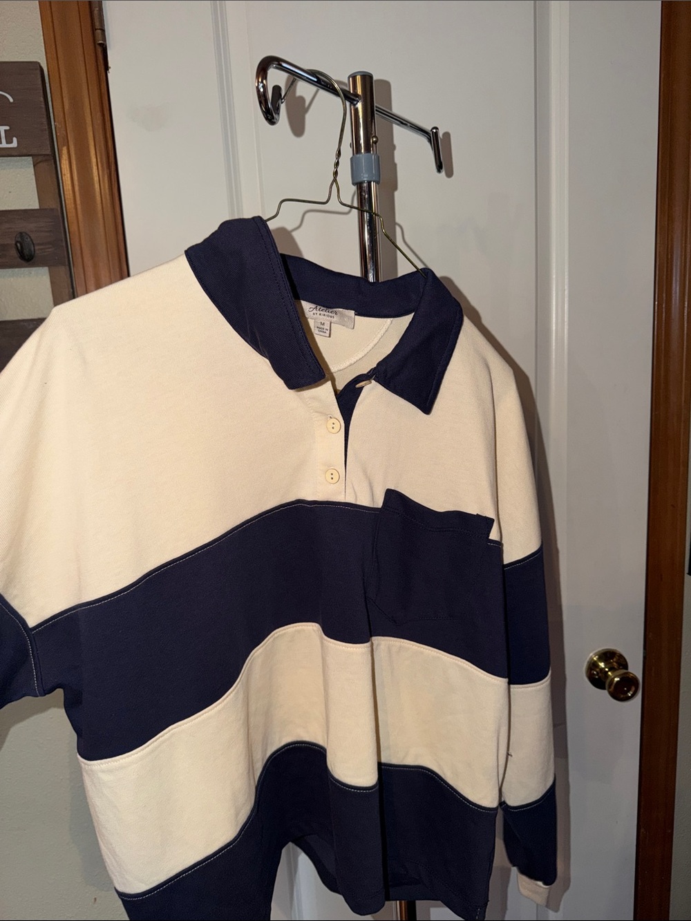 Striped Navy and Cream oversized Crop Top with Polo Collar